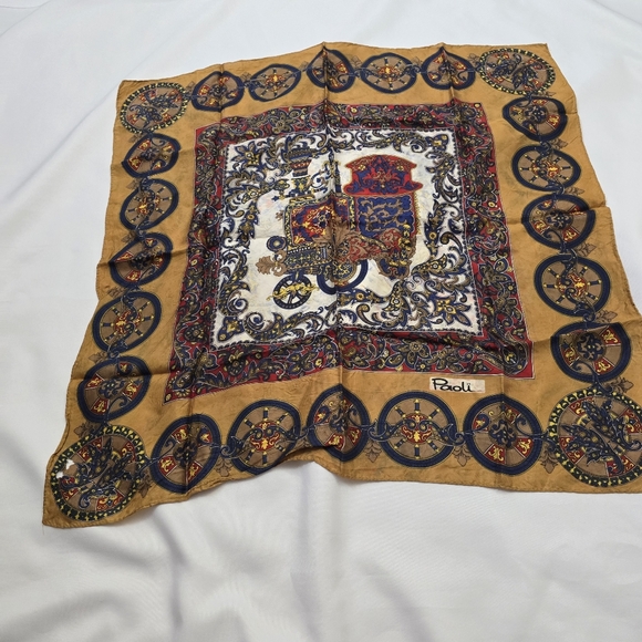 Paoli Silkblend Scarf Brown Amber Gold Medallion Harvest 24x26 Bohemian - Picture 11 of 11